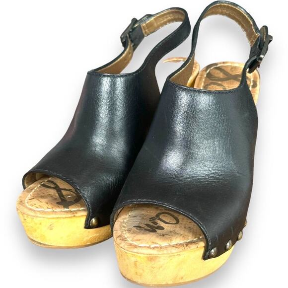 Sam Edelman Camilla Black Leather Open Toe Slingback Wood Wedge Heels Size 6 - Picture 4 of 11